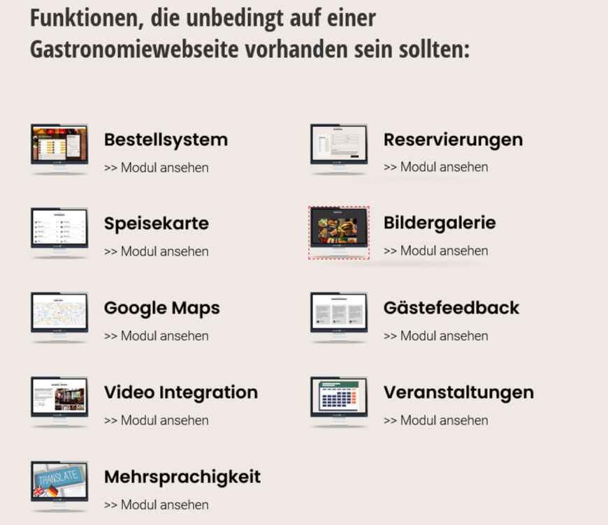 Funktionen Restaurantwebseite